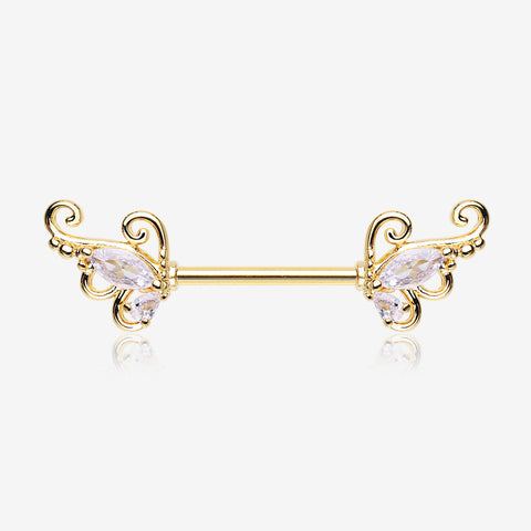 A Pair of Golden Luscious Sparkle Butterfly Elegance Nipple Barbell-Clear Gem