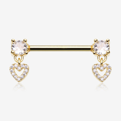 A Pair of Golden Brilliant Sparkle Heart Gem Hollow Dangle Nipple Barbell-Clear Gem