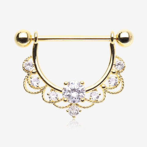 A Pair of Golden Turan Laced Multi-Gem Sparkle Dangle Nipple Barbell Ring-Clear Gem