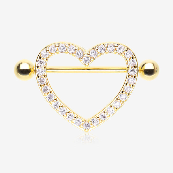 A Pair of Golden Adorable Multi-Gem Heart Sparkle Shield Nipple Barbell Ring-Clear Gem