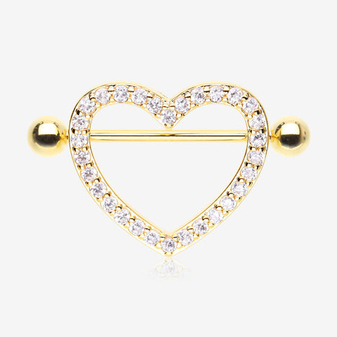 A Pair of Golden Adorable Multi-Gem Heart Sparkle Shield Nipple Barbell Ring-Clear Gem