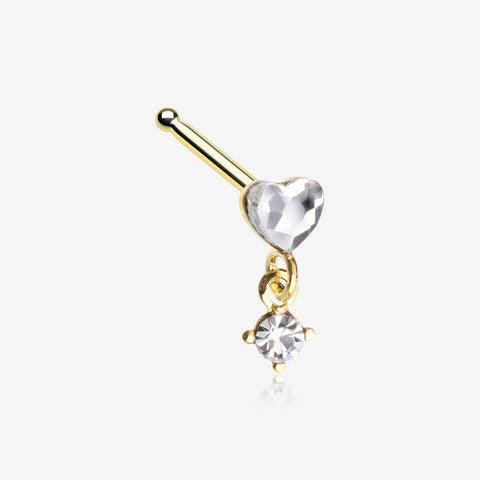 Golden Heart Sparkle Prong Dangle Nose Stud Ring-Clear Gem