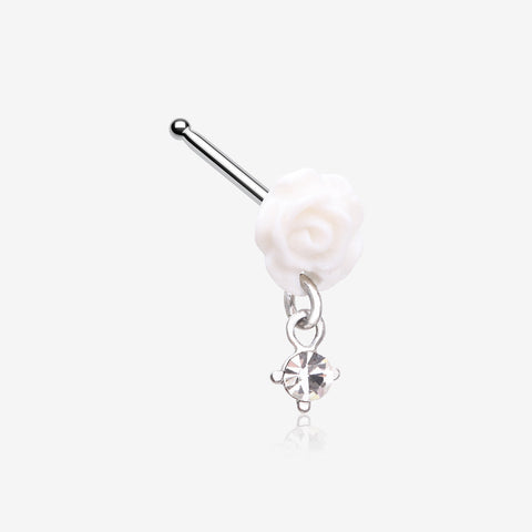 Blossom Rose Sparkle Dangle Nose Stud Ring-White/Clear Gem