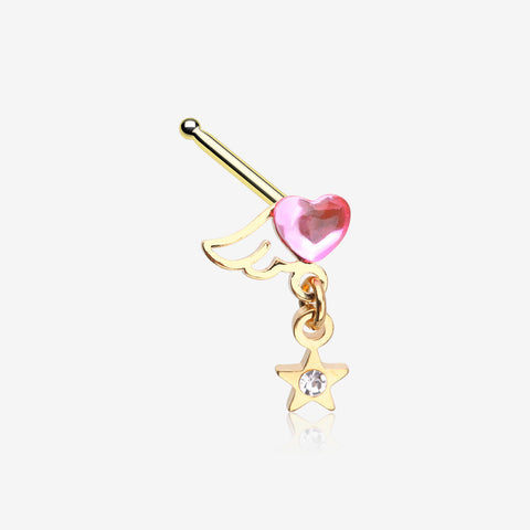 Golden Angel Heart Sparkle Star Dangle Nose Stud Ring-Pink/Clear Gem