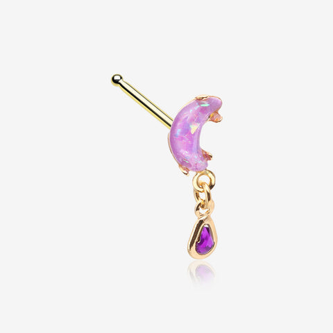 Golden Opalescent Moon Sparkle Teardrop Dangle Nose Stud Ring-Purple