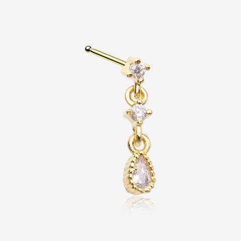 Golden Fairytale Droplets Multi-Gem Teardrop Dangle Nose Stud Ring-Clear Gem
