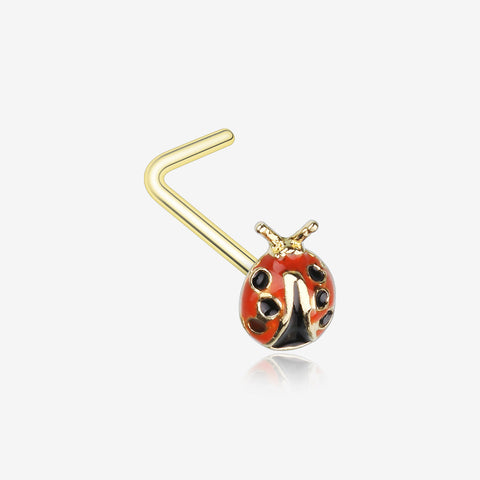 Golden Adorable Dainty Ladybug L-Shaped Nose Ring-Red