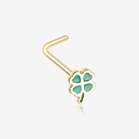 Golden Lucky Four Leaf Clover L-Shaped Nose Ring-Green