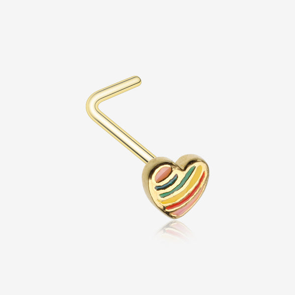 Golden Rainbow Pride Heart L-Shaped Nose Ring
