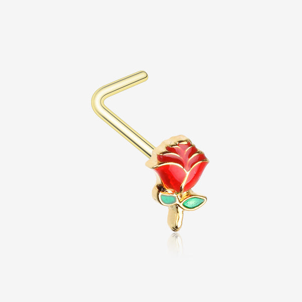 Golden Vintage Enchanted Stem of Rose L-Shaped Nose Ring-Red/Green