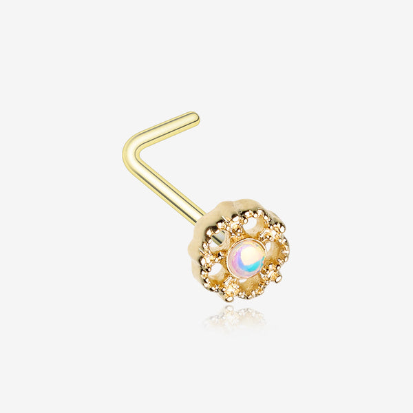Golden Iridescent Revo Floral Ornate L-Shaped Nose Ring