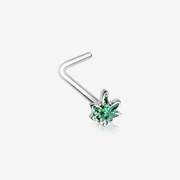 Glitter Sparkle Cannabis L-Shaped Nose Ring-Green