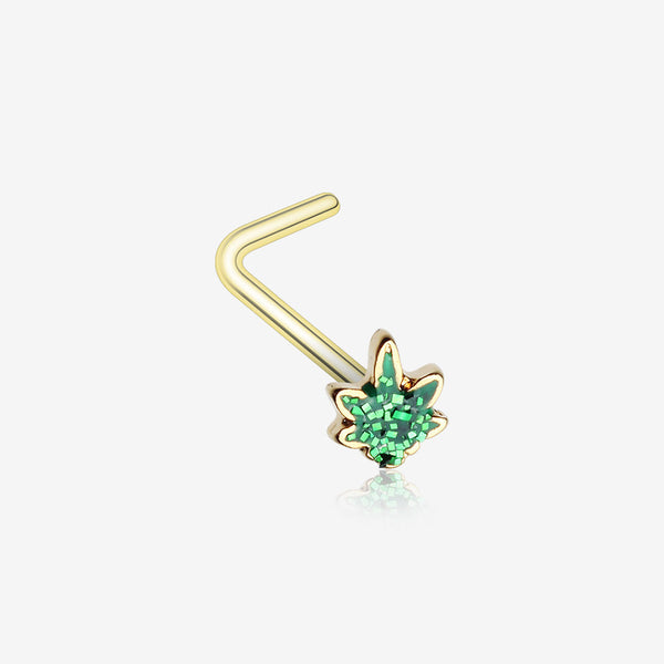 Golden Glitter Sparkle Cannabis L-Shaped Nose Ring-Green