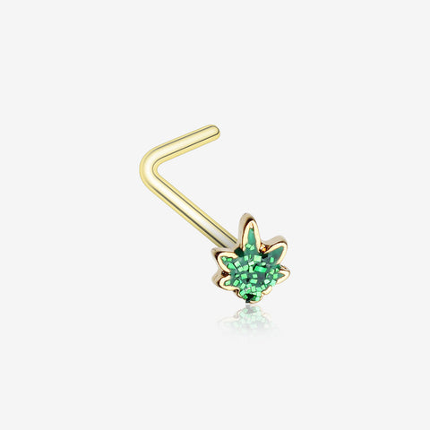 Golden Glitter Sparkle Cannabis L-Shaped Nose Ring-Green
