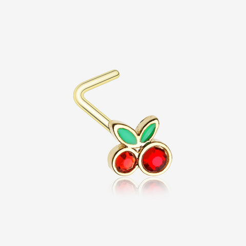 Golden Juicy Cute Cherry Sparkles L-Shaped Nose Ring-Red/Green