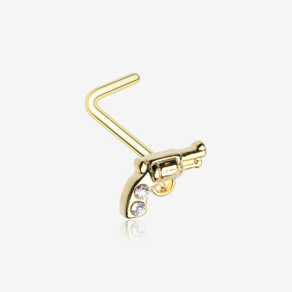 Golden Sparkle Pistol Gun L-Shaped Nose Ring-Clear Gem