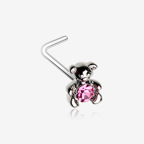 Adorable Teddy Bear Sparkle L-Shaped Nose Ring-Pink
