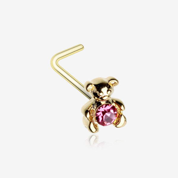 Golden Adorable Teddy Bear Sparkle L-Shaped Nose Ring-Pink