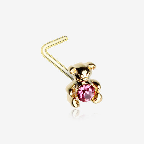 Golden Adorable Teddy Bear Sparkle L-Shaped Nose Ring-Pink
