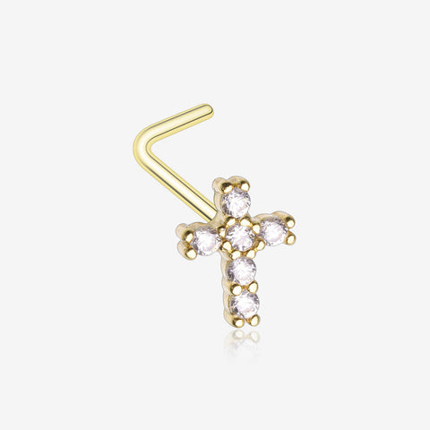Golden Brilliant Sparkle Cross Multi-Gem L-Shaped Nose Ring-Clear Gem