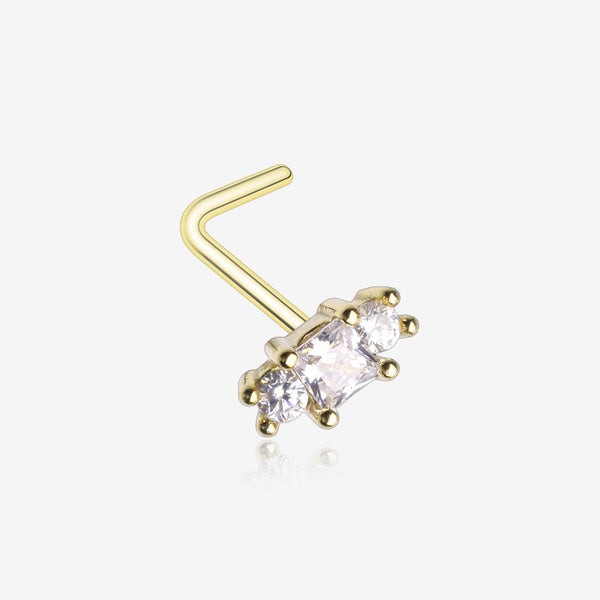 Golden Triple Tiered Sparkle Multi-Gem L-Shaped Nose Ring-Clear Gem