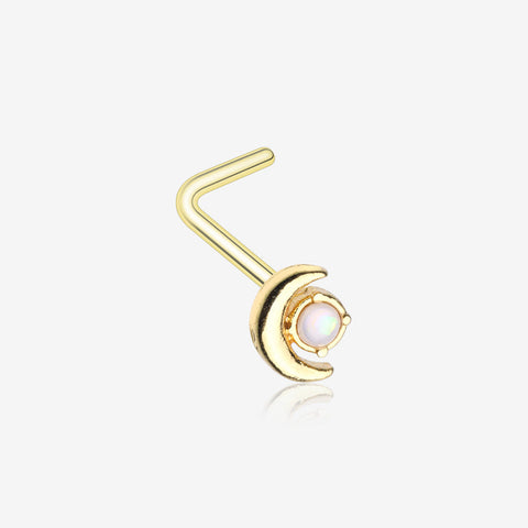 Golden Opalescent Crescent Moon L-Shaped Nose Ring-Clear Gem