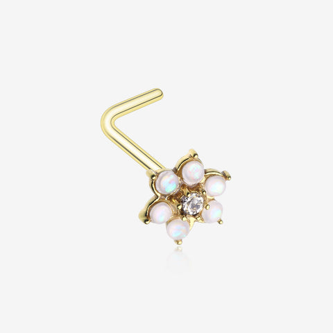 Golden Opalescent Spring Flower Sparkle L-Shaped Nose Ring-Clear Gem-Clear Gem/White