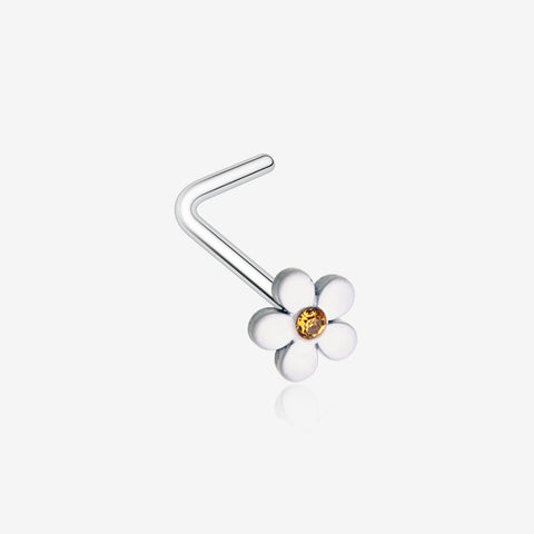 Adorable White Plumeria Flower L-Shaped Nose Ring-White/Topaz