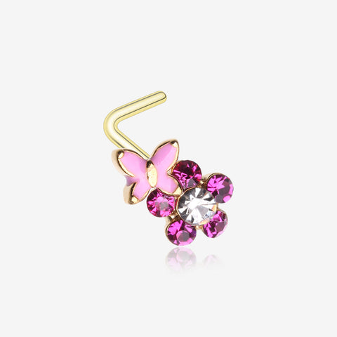 Golden Pink Butterfly Flower Sparkle L-Shaped Nose Ring-Clear Gem/Fuchsia