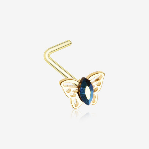 Golden Butterfly Elegance Marquise Sparkle L-Shaped Nose Ring-Black/Aurora Borealis