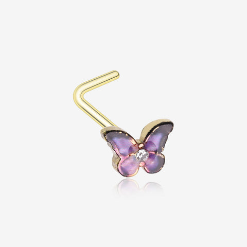 Golden Mystic Purple Butterfly Sparkle L-Shaped Nose Ring-Clear Gem/Purple