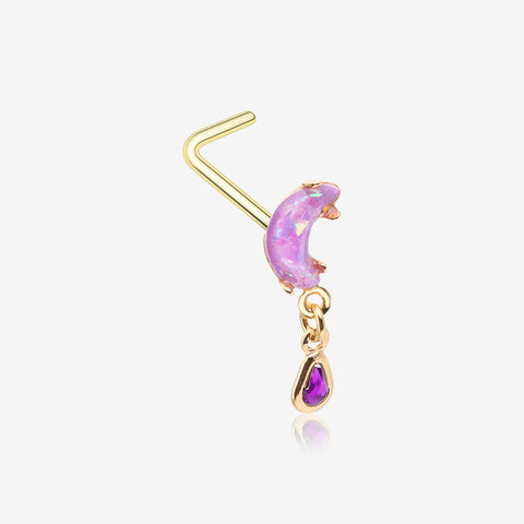 Golden Opalescent Moon Sparkle Teardrop Dangle L-Shaped Nose Ring-Purple