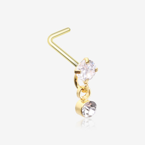 Golden Prong Gem Sparkle Dangle L-Shaped Nose Ring-Clear Gem