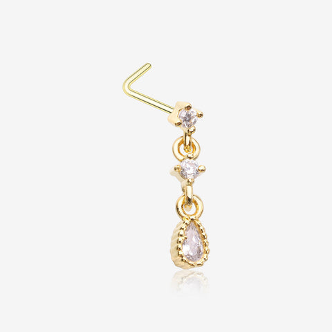 Golden Fairytale Droplets Multi-Gem Teardrop Dangle L-Shaped Nose Ring-Clear Gem