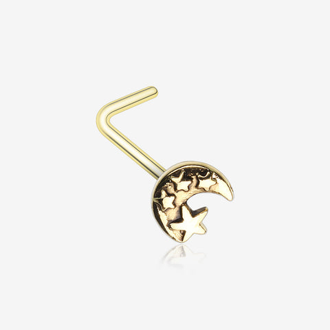 Golden Dainty Crescent Moon & Stars L-Shaped Nose Ring-Gold
