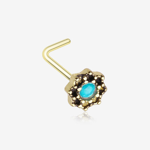 Golden Lotus Opal Sparkle Filigree Icon L-Shaped Nose Ring-Teal