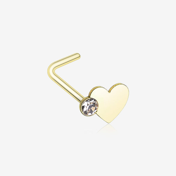 Golden Adorable Heart Sparkle L-Shaped Nose Ring-Clear Gem