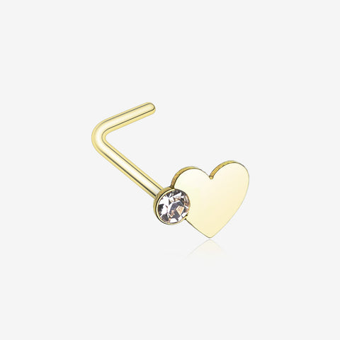 Golden Adorable Heart Sparkle L-Shaped Nose Ring-Clear Gem