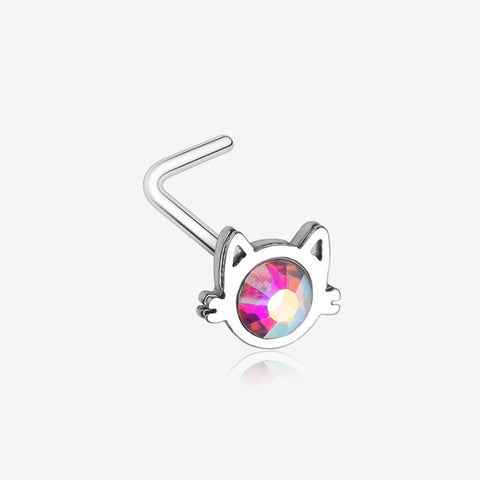 Adorable Cat Face Iridescent Sparkle L-Shaped Nose Ring-Aurora Borealis