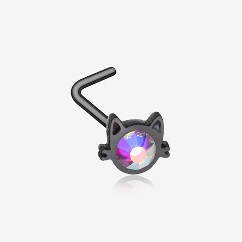 Blackline Adorable Cat Face Iridescent Sparkle L-Shaped Nose Ring-Black/Aurora Borealis