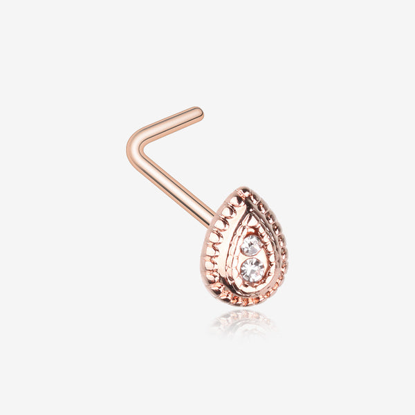 Rose Gold Bali Avice Teardrop Sparkle L-Shaped Nose Ring-Clear Gem