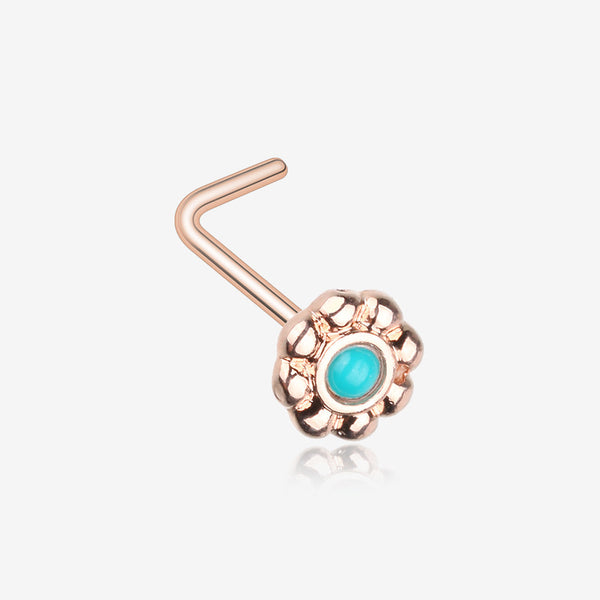 Rose Gold Bali Flower Turquoise L-Shaped Nose Ring-Turquoise