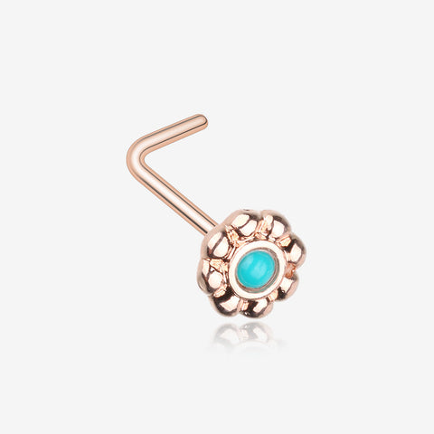 Rose Gold Bali Flower Turquoise L-Shaped Nose Ring-Turquoise