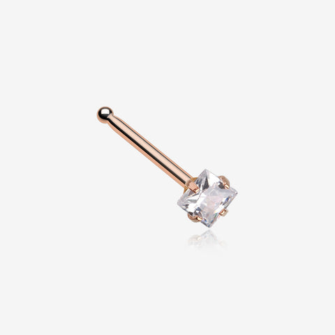 Rose Gold Square Prong Set Gem Top Nose Stud Ring-Clear Gem