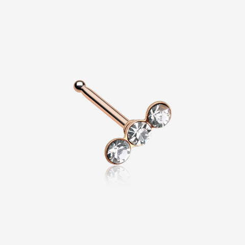 Rose Gold Triple Linear Gem Nose Stud Ring-Clear Gem