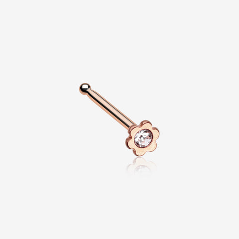 Rose Gold Flower Icon Sparkle Nose Stud Ring-Clear Gem