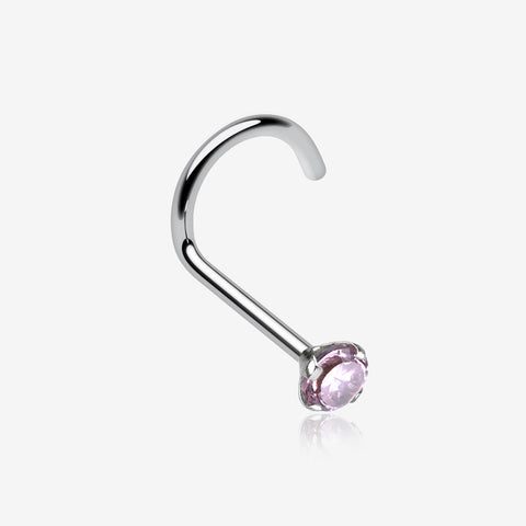 Prong Set Gem Top Steel Nose Screw Ring-Light Pink