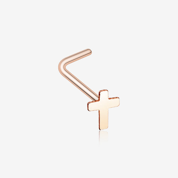 Rose Gold Dainty Cross Icon L-Shaped Nose Ring-Rose Gold