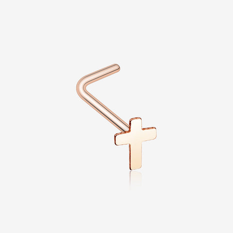 Rose Gold Dainty Cross Icon L-Shaped Nose Ring-Rose Gold