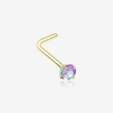 Golden Opal Sparkle Prong Set L-Shaped Nose Ring-Purple